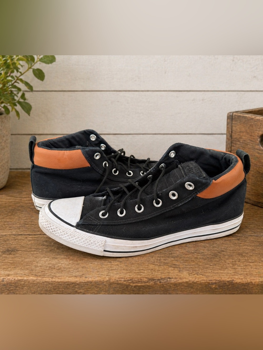 Converse Black High-Top Sneakers with Tan Collar Accent